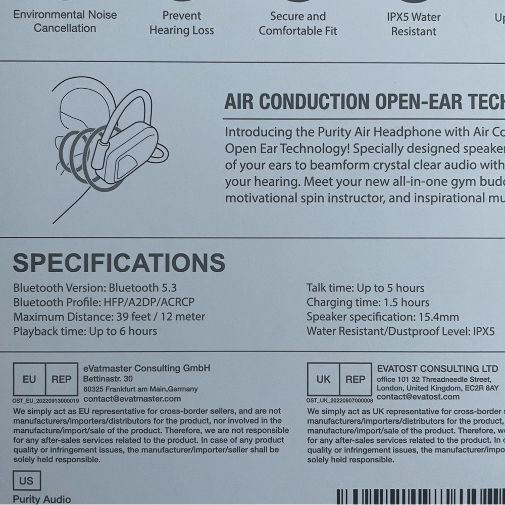 NWT Purity Air - Air Conduction Headphones Bluetooth Black - Picture 4 of 4